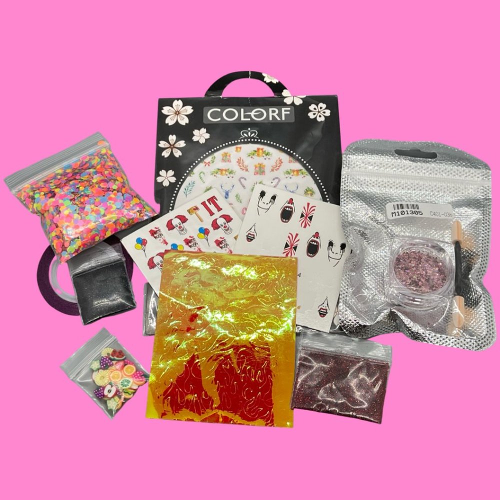Bundle of Various NAIL ART Items 11 pcs - Multiple Glitters Stickers Foils Tape